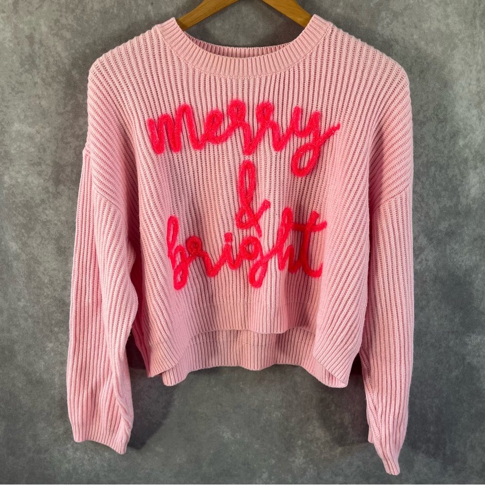 Queen Of Sparkles Sweater Womens Small Pink Merry And Bright Cursive Waffle Knit